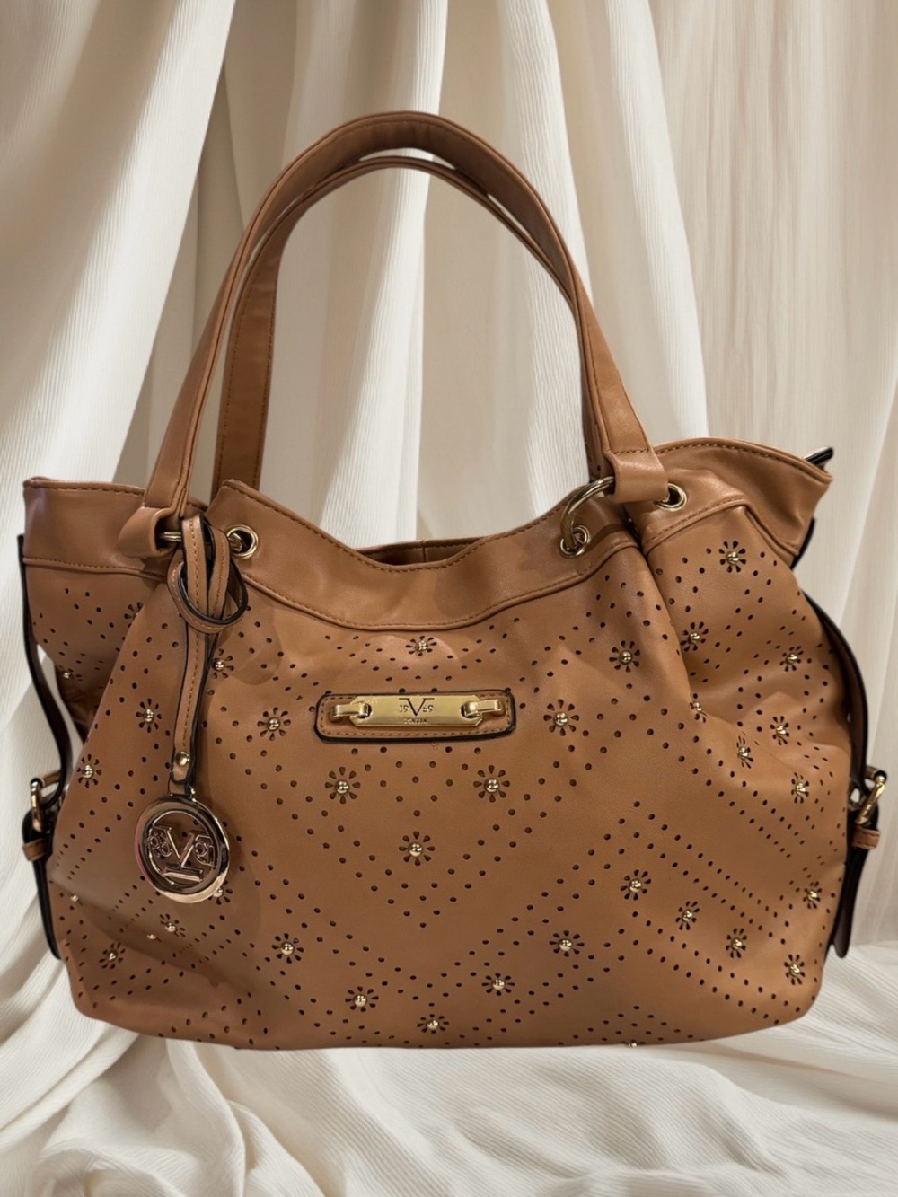 Versace 1969 Abbigliamento Perforated Tan Satchel with Gold Accents